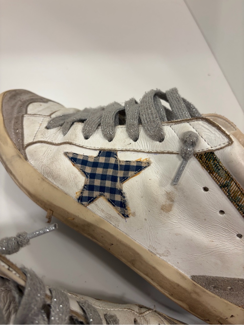 Golden Goose White Leather Sneaker with Blue Gingham Star and Gray Accents